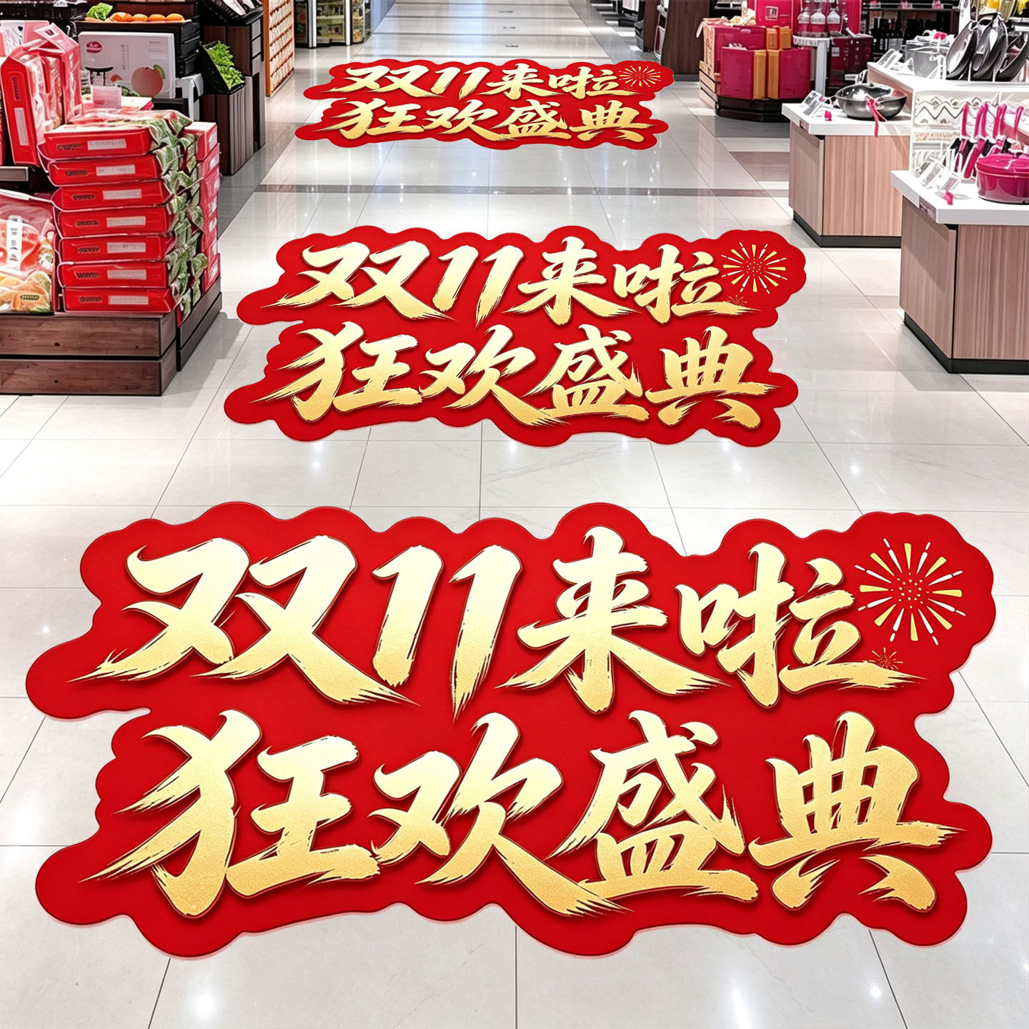 双11氛围布置场景装饰地贴商场店铺装饰品贴画海报红色喜庆地面贴纸珠宝店服装店玻璃门贴斜纹防水背胶自粘贴