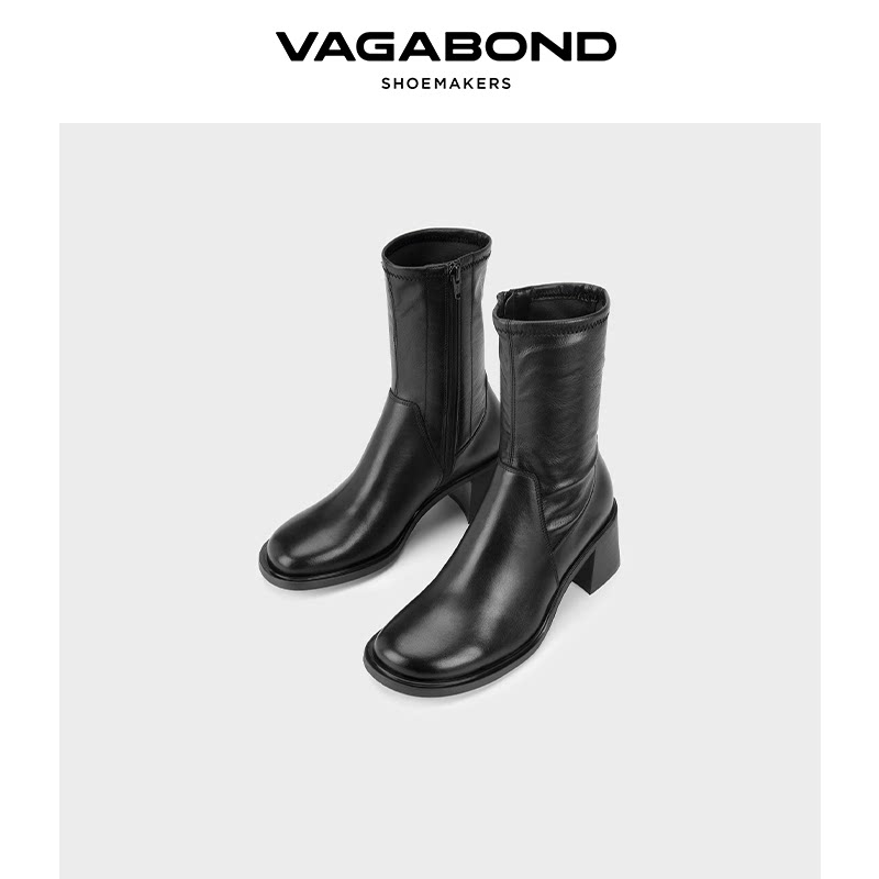 VagabondVEGA圆头粗跟弹力短靴图片