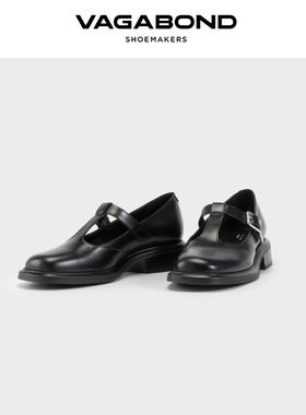 Vagabond ELLIS女士牛皮圆头T带玛丽珍鞋低跟黑皮鞋2025春夏