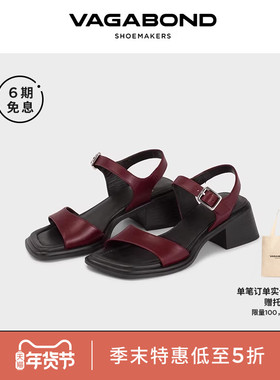 Vagabond INES女士印花牛皮粗跟一字带露趾凉鞋2025春夏明星同款