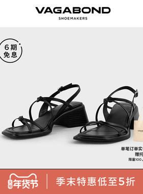 Vagabond INES女士黑色牛皮粗跟绑带凉鞋2024春夏系列