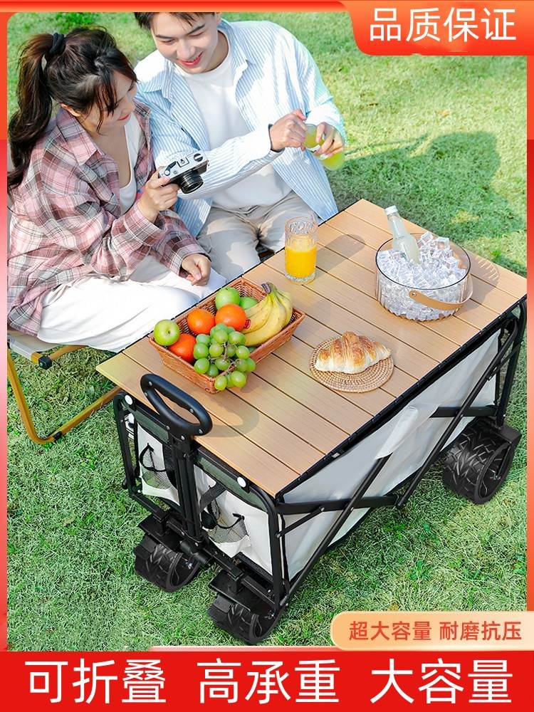 徒步旅行手推车可折叠户外野餐车拉杆小拉车桌板露营可坐儿童拖车