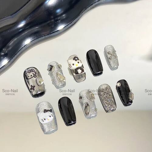 暗黑kitty纯手工穿戴甲辣妹美甲甜辣风秋冬新款气质显白美甲成品