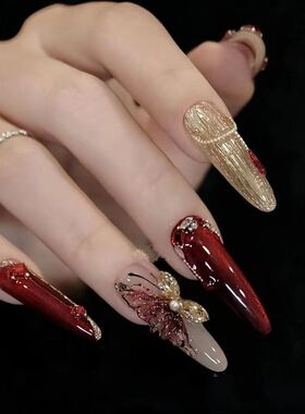 春夏美甲红色魔镜粉招财蝴蝶国风手工穿戴甲高级轻奢小众闪钻婚甲