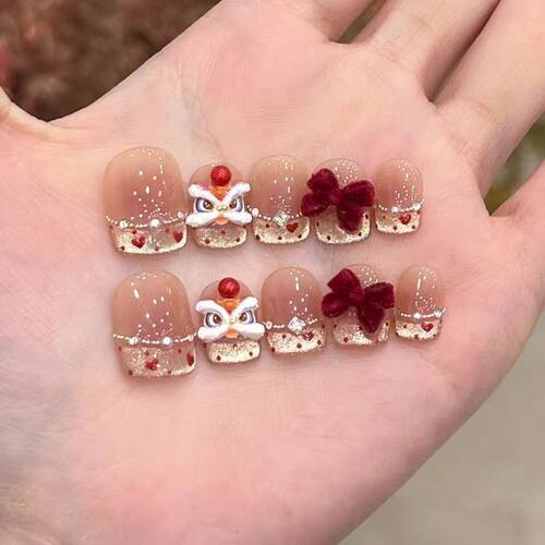 纯手工儿童穿戴甲女童美甲短款穿戴甲纯手工美甲新款高级感法式裸