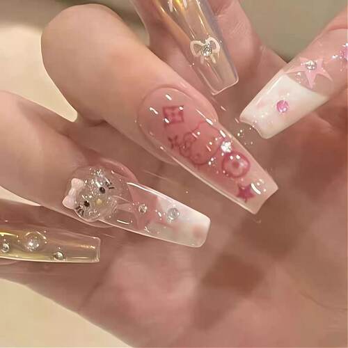 纯手工儿童穿戴甲女童美甲KT猫穿戴甲2025新款手工卡通美甲成品穿