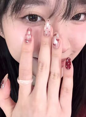 纯手工儿童穿戴甲女童美甲酒红蝶影猫眼波点蝴蝶结小苹果红色新年