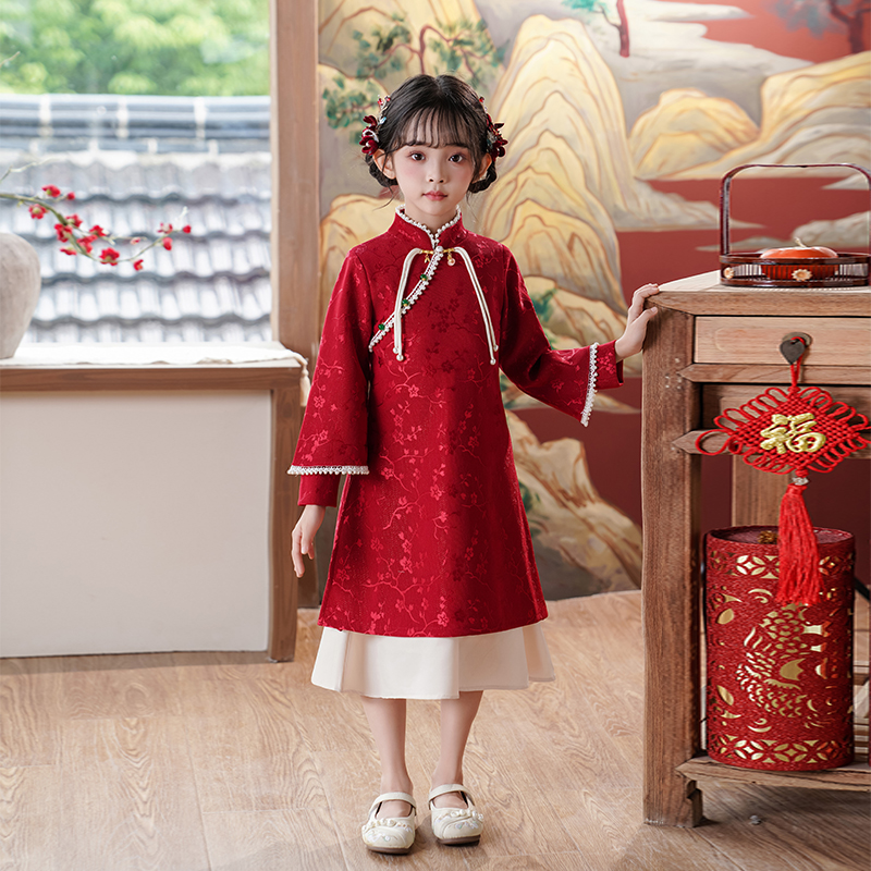 女童唐装旗袍过年拜年服红色裙子