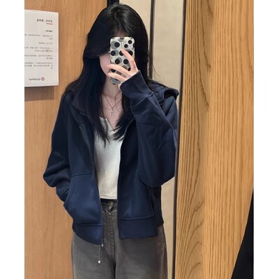 藏青秋季正肩薄外套女款短款卫衣