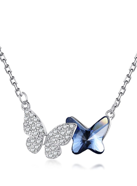S925纯银项链女奥地利水晶小众设计高级感蓝色蝴蝶吊坠锁骨链女
