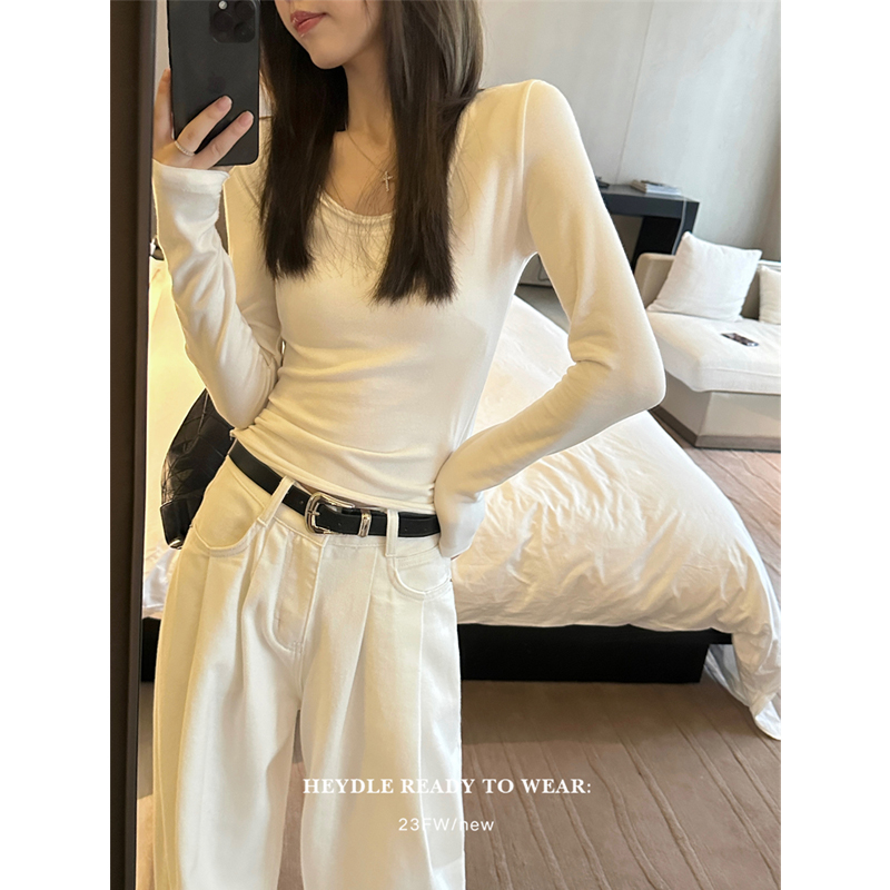 黑豆哼哼 温暖相拥*春秋卷边u领百搭长袖打底针织衫上衣女内搭t恤