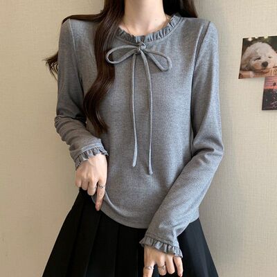 灰色木耳边长袖针织衫女