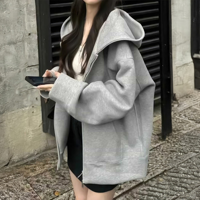 灰色卫衣女外套连帽2025新款秋冬季加绒加厚开衫宽松韩系拉链上衣