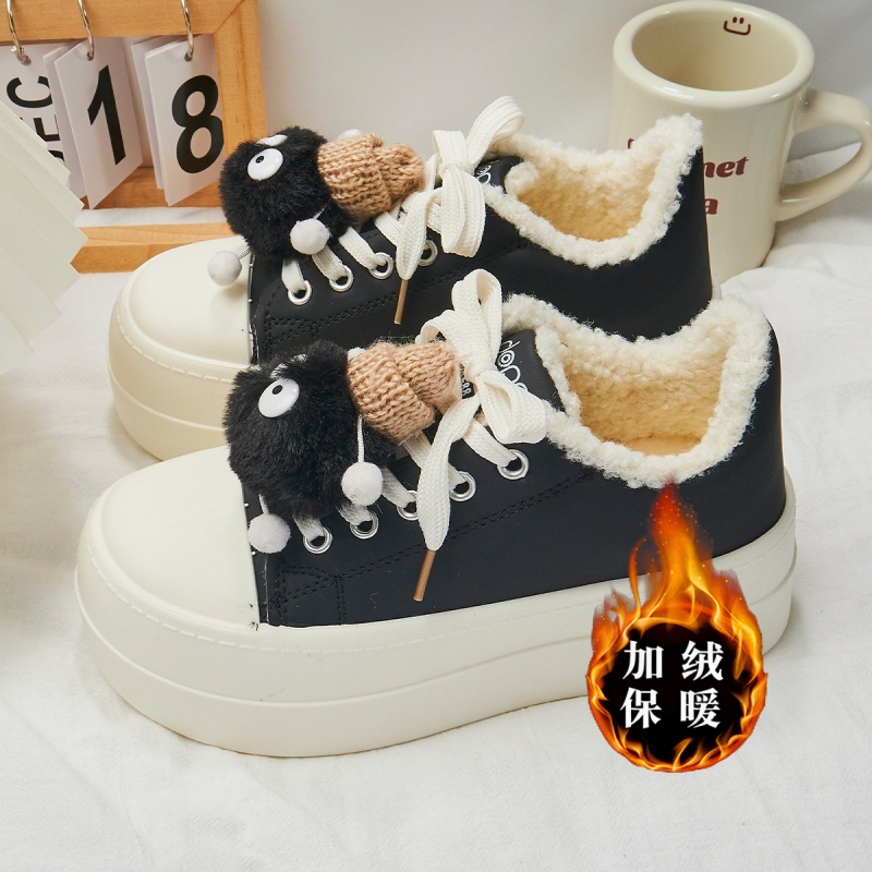 二棉板鞋厚底棉鞋百搭潮2025年冬季新款卡通玩偶黑煤球加绒休闲鞋