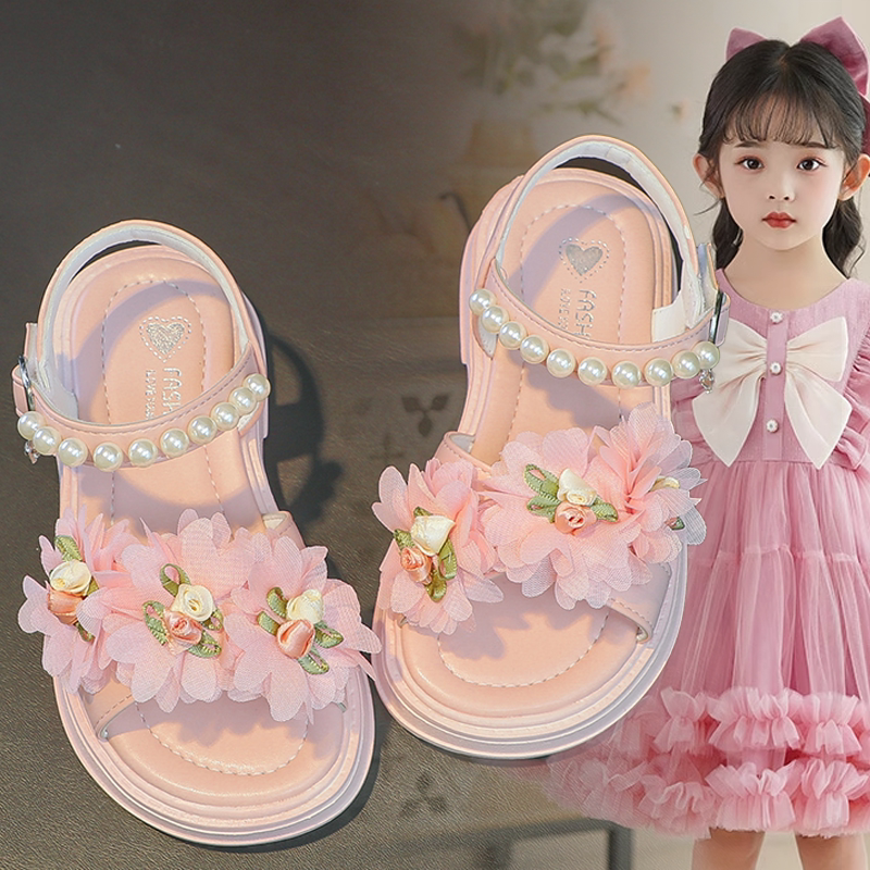 女童凉鞋2026夏季新款小童珍珠花朵凉鞋时尚百搭软底凉鞋公主凉鞋