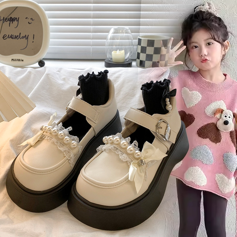 儿童2026春秋新款厚底珍珠蝴蝶结玛丽珍单鞋女童可爱公主风小皮鞋
