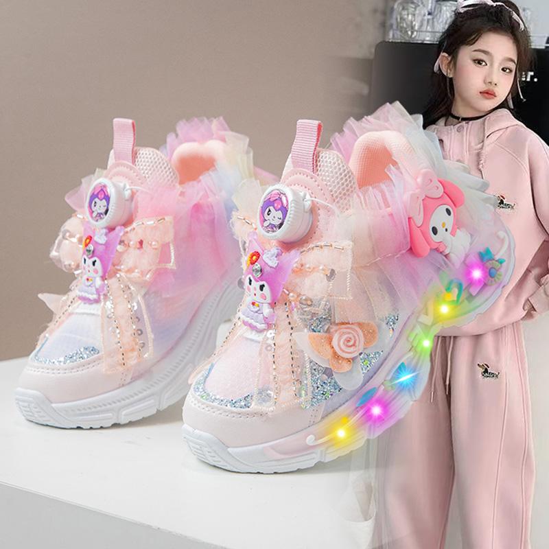 美乐蒂鞋子女童运动鞋夏季2025新款双网透气扭扭鞋亮灯发光老爹鞋