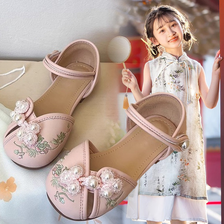 童鞋女童2025夏季新款女童汉服鞋新中式刺绣中大童包头凉鞋配裙子