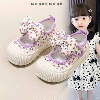 女童帆布鞋幼儿园百搭宝宝室内防滑软底春秋蝴蝶结小童花朵布鞋潮