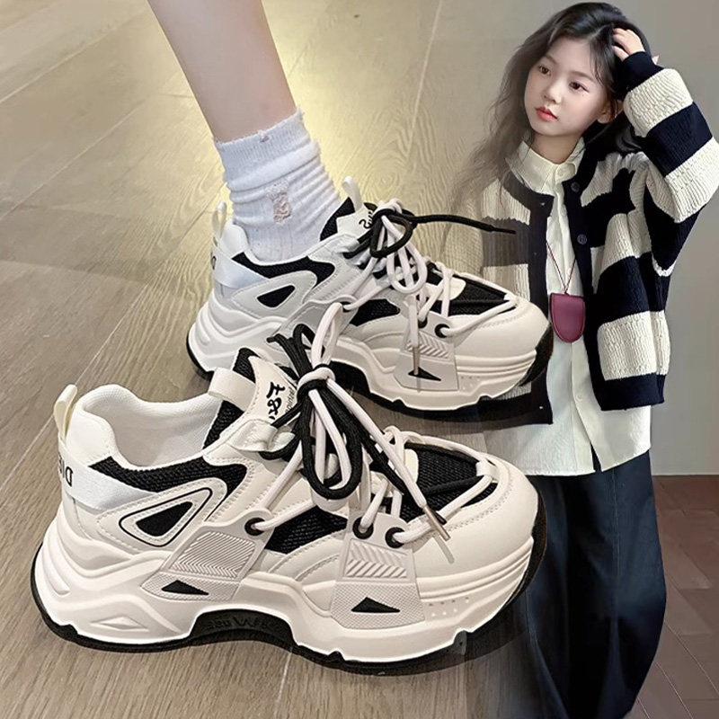 女童厚底运动鞋2026春秋新款儿童网面老爹鞋保暖洋气轻便黑白拼色