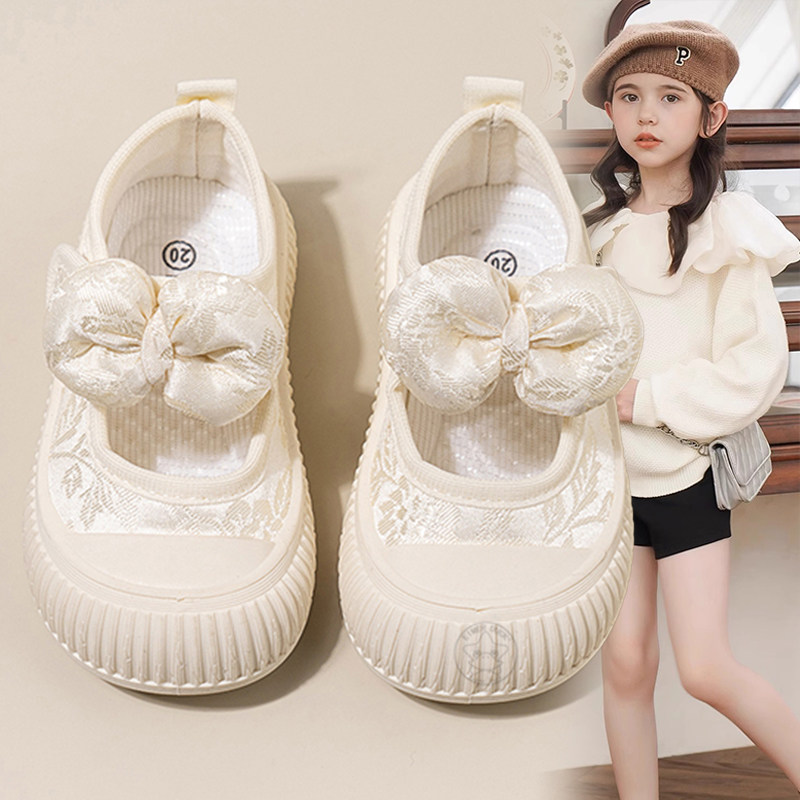 女童浅口帆布鞋宝宝蝴蝶结儿童魔术贴幼儿园室内鞋白鞋软底单鞋