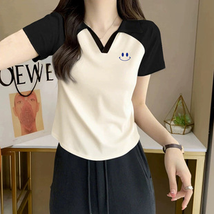 显瘦撞色翻领甜辣百搭上衣服 正肩纯棉短袖 t恤女夏季 2025新款 修身
