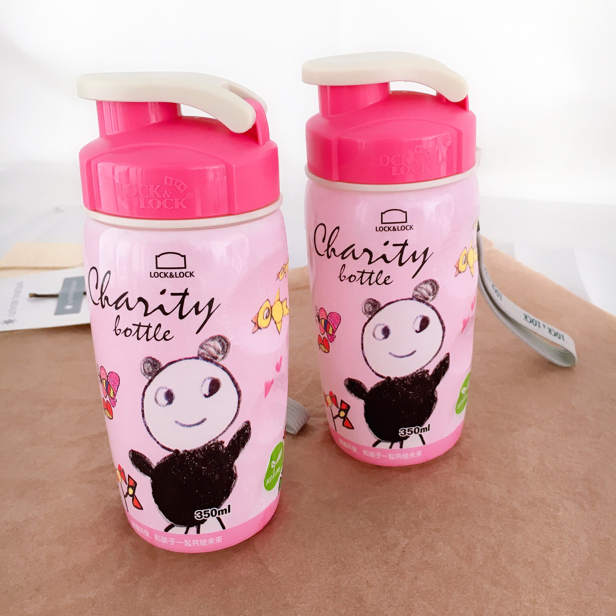 乐家食品级塑料杯学生便携式卡通水杯运动随手杯带提绳防摔350ml