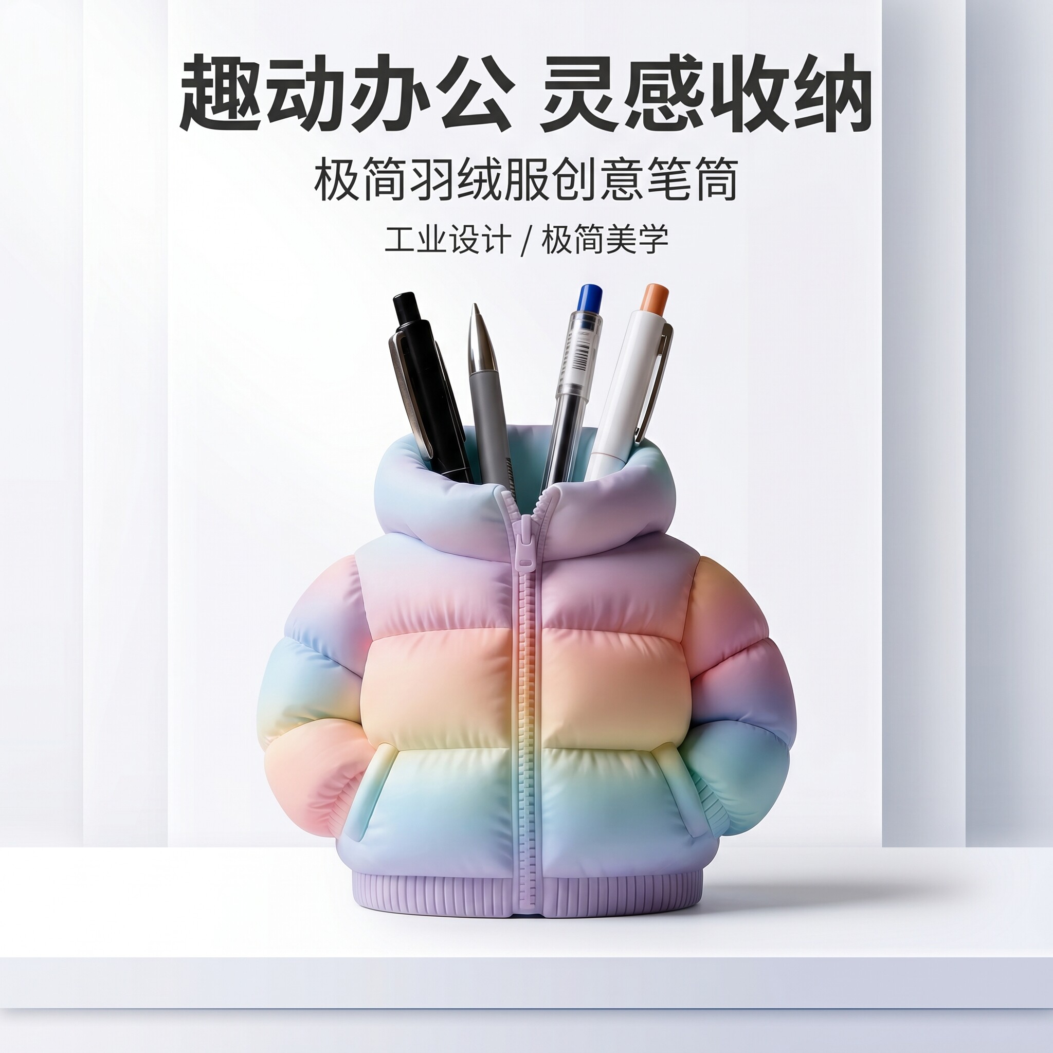 办公笔筒创意羽绒服收纳笔筒桌面收纳化妆台摆件办公用ins风大容量黑白糖果色3D立体打印创意收纳笔插笔筒图片
