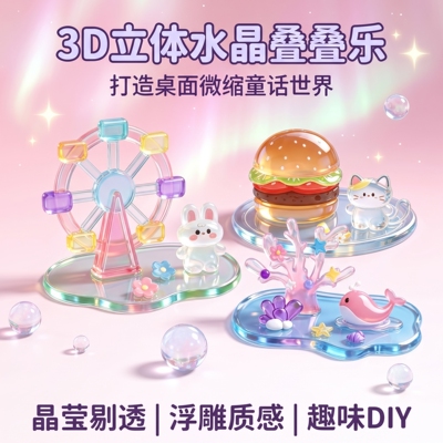 叠叠乐3D立体浮雕贴纸儿童萌物互动装饰圣诞树卡通儿童手工DIY自制小摆件卡通动物日系创意可爱粉晶透明贴纸