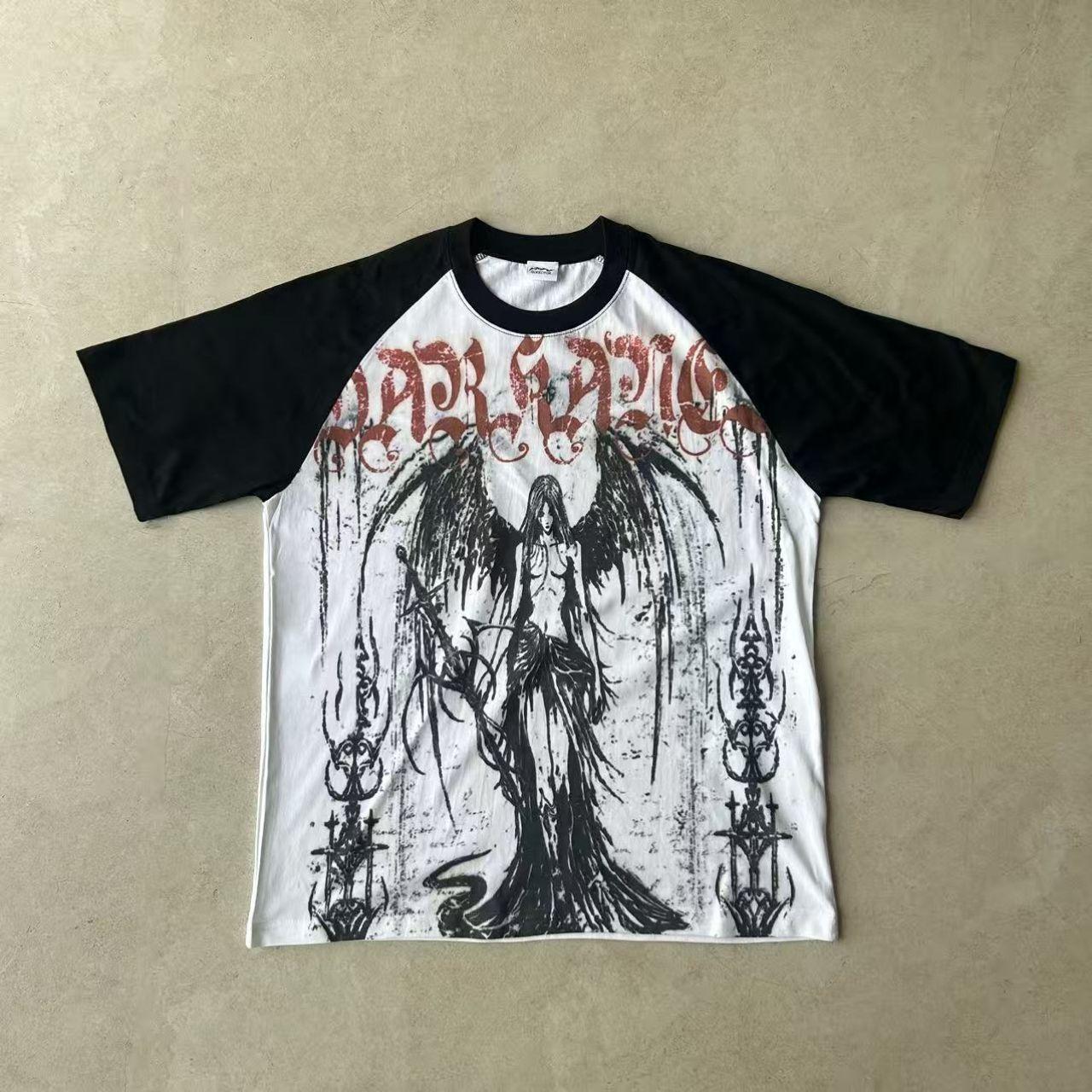 番茄小诗 叛逆个性酷黑红系穿搭非主流Y2K千禧风ins插肩袖短袖T恤