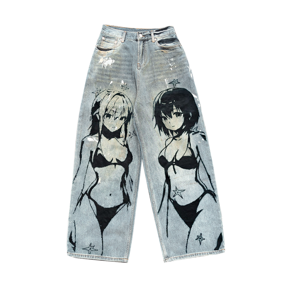 番茄小诗  比基尼动漫女孩涂鸦设计做旧复古宽松男女休闲牛仔裤
