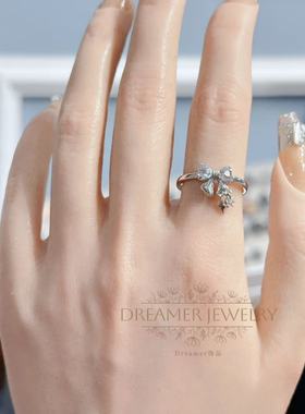 Dreamer蝴蝶结天然海蓝宝戒指女小众设计感高级轻奢925银可调节