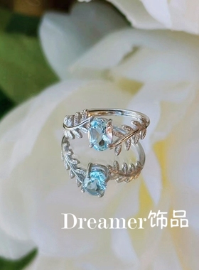 925银镶嵌托帕石戒指烟花切活口可调节