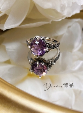 Dreamer新品925银复古做旧戒指烟花紫水晶大戒面戒指女神节礼物