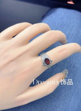 Dreamer饰品S925银镶嵌天然石榴石戒指开口可调节求婚戒指