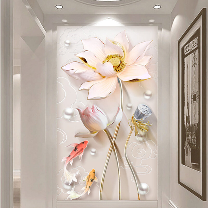 8d立体简约浮雕荷花玄关背景壁纸5d过道走廊竖版壁画无缝素雅墙纸