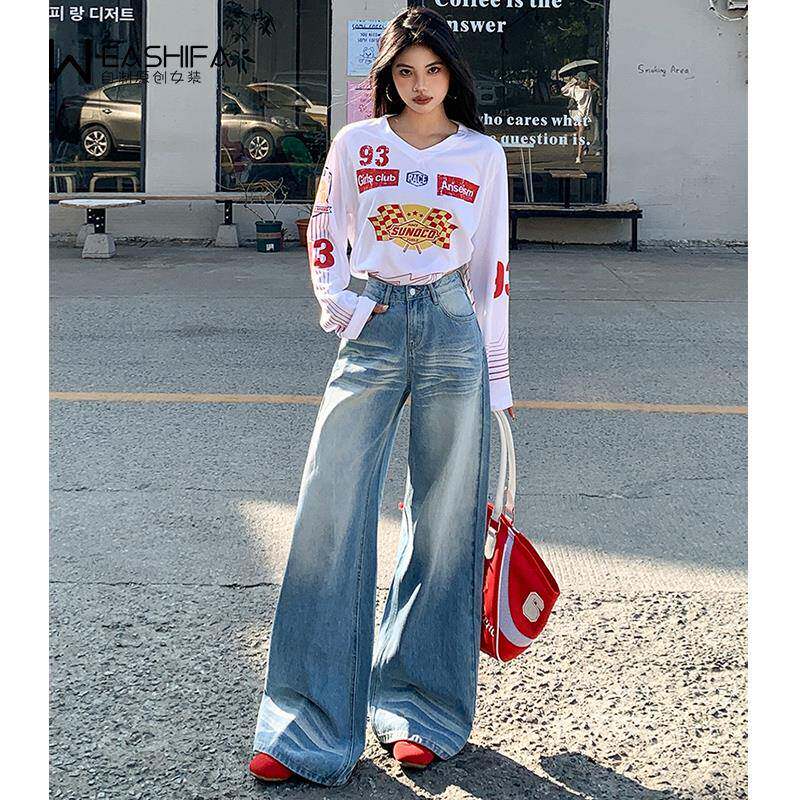 美式覆古水洗折痕阔腿牛仔裤女2025夏新款高腰宽松垂感拖地直筒裤