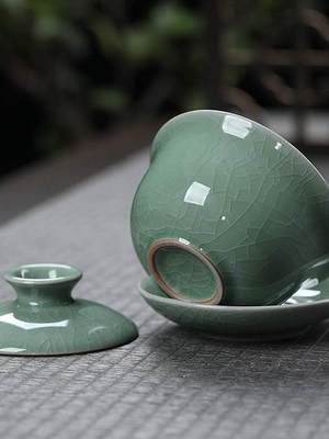 哥窑盖碗开片三才碗陶瓷敬茶碗纯色大茶杯中式泡茶碗功夫茶具家用