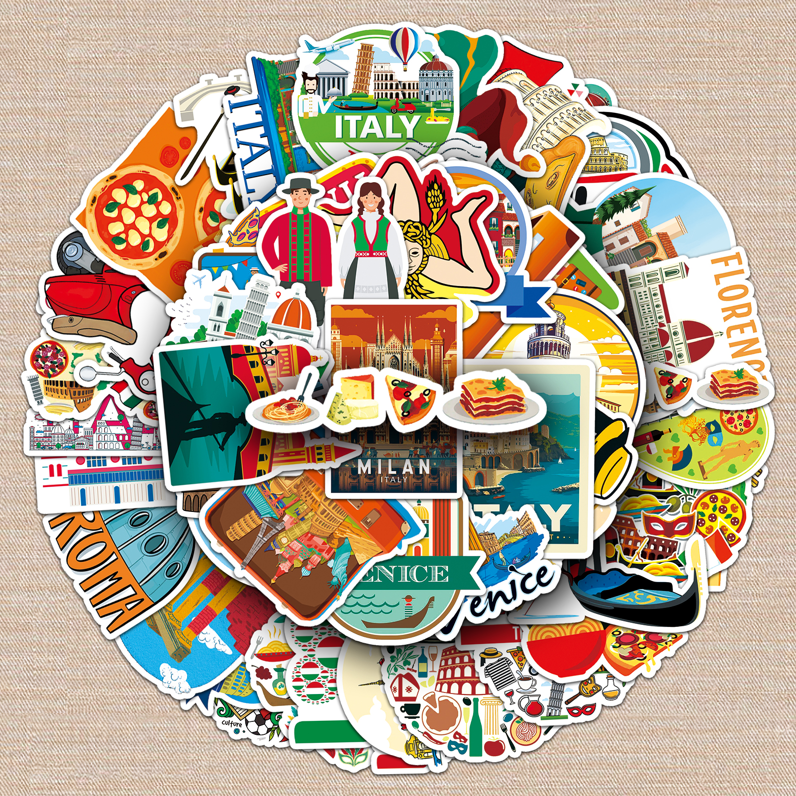 100张意大利风情卡通涂鸦贴画旅行箱桌面保温杯头盔防水装饰贴纸