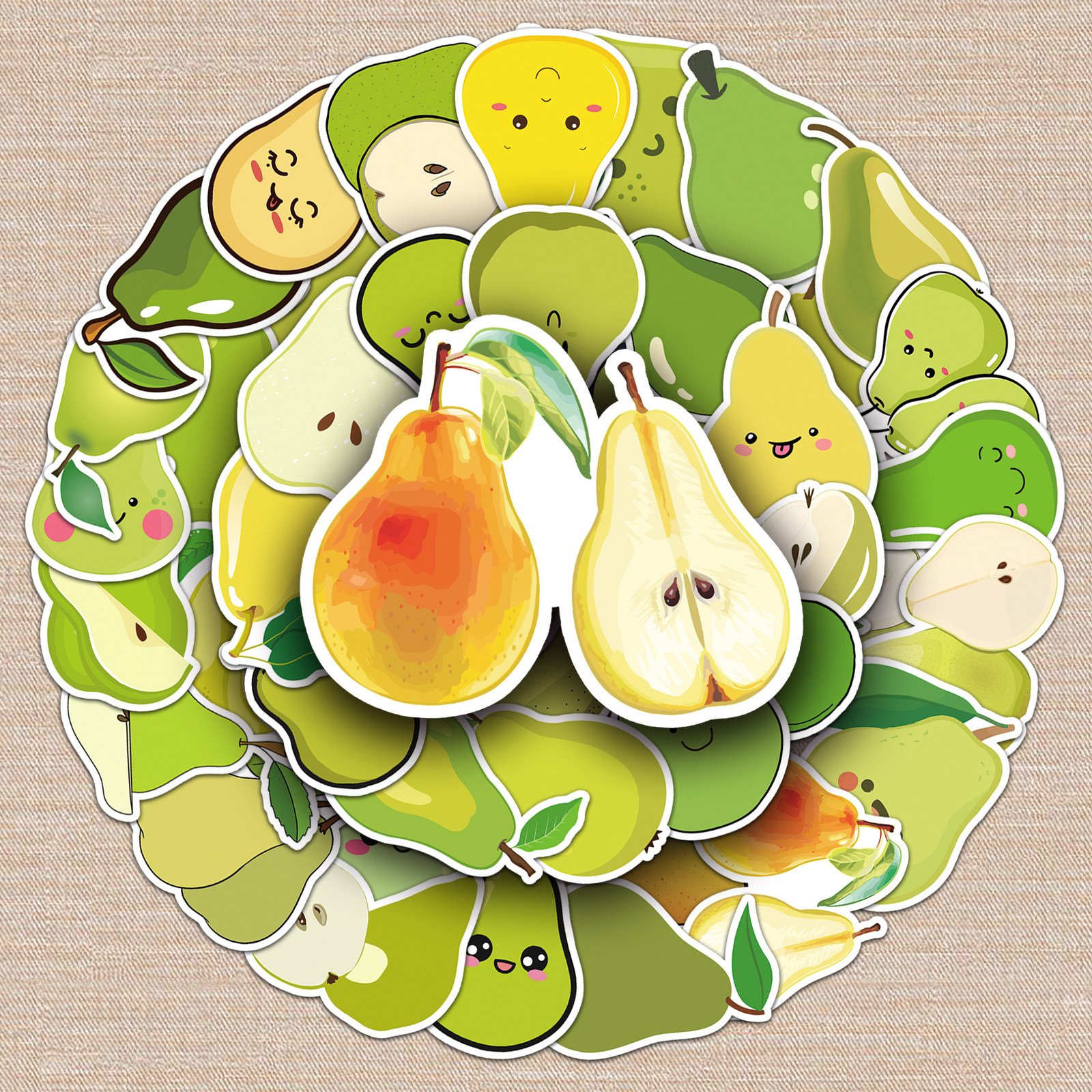 50张脆青梨水果标签贴纸装饰小图案防水装饰滑板水杯电脑冰箱贴纸
