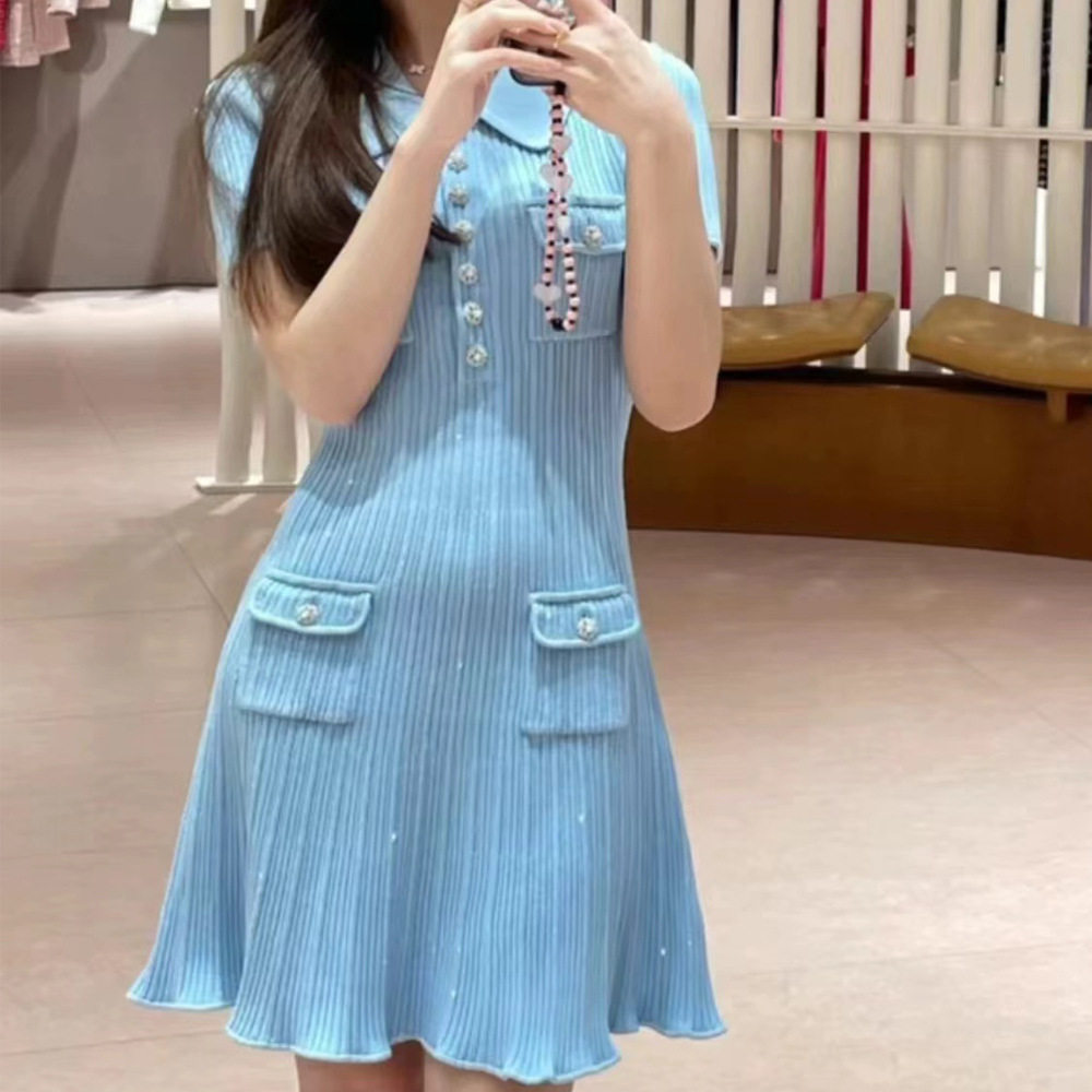 春夏少女风精致罗纹针织钻扣翻领气质鱼尾连衣裙短裙