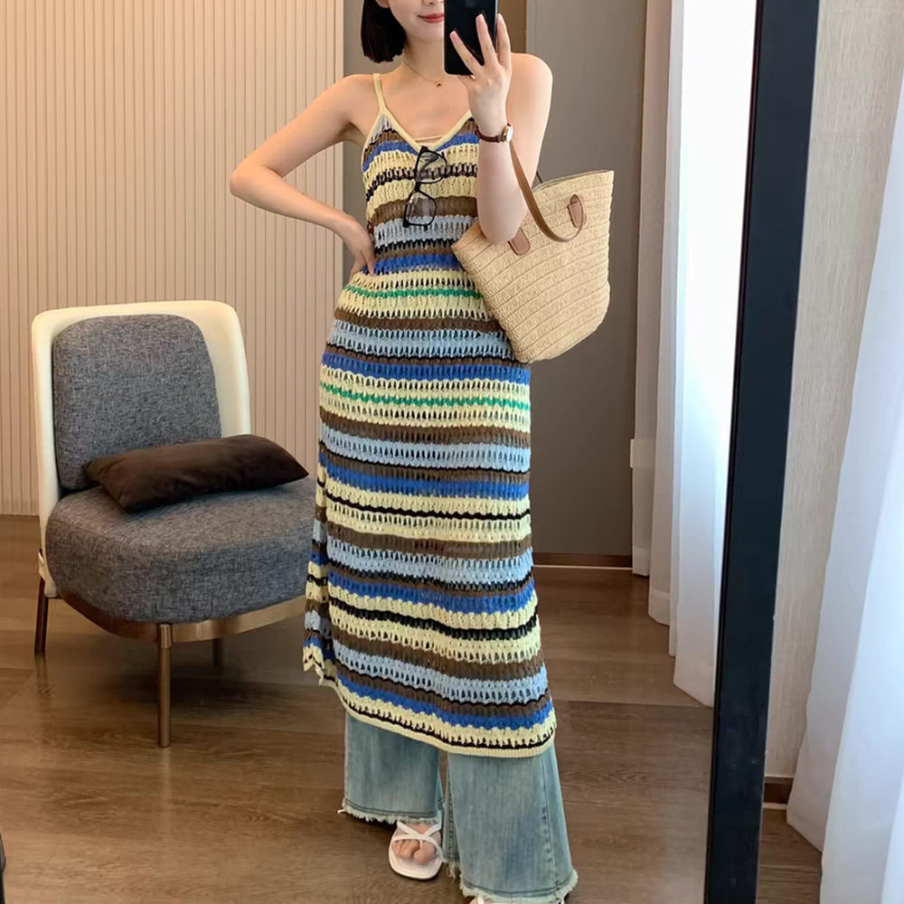 【明星同款】SE家2024新款夏季法式彩色镂空条纹吊带针织连衣裙女