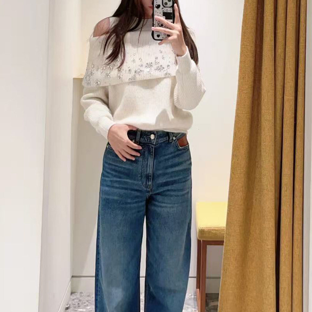 M家优雅少女高端女装2025秋冬季法式假两件露肩钉钻毛针织衫上衣
