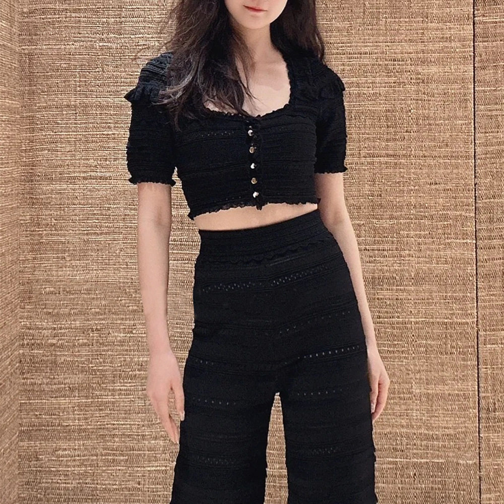 S家2024春夏新款女装法式黑色短款荷叶边针织上衣+金属黑色