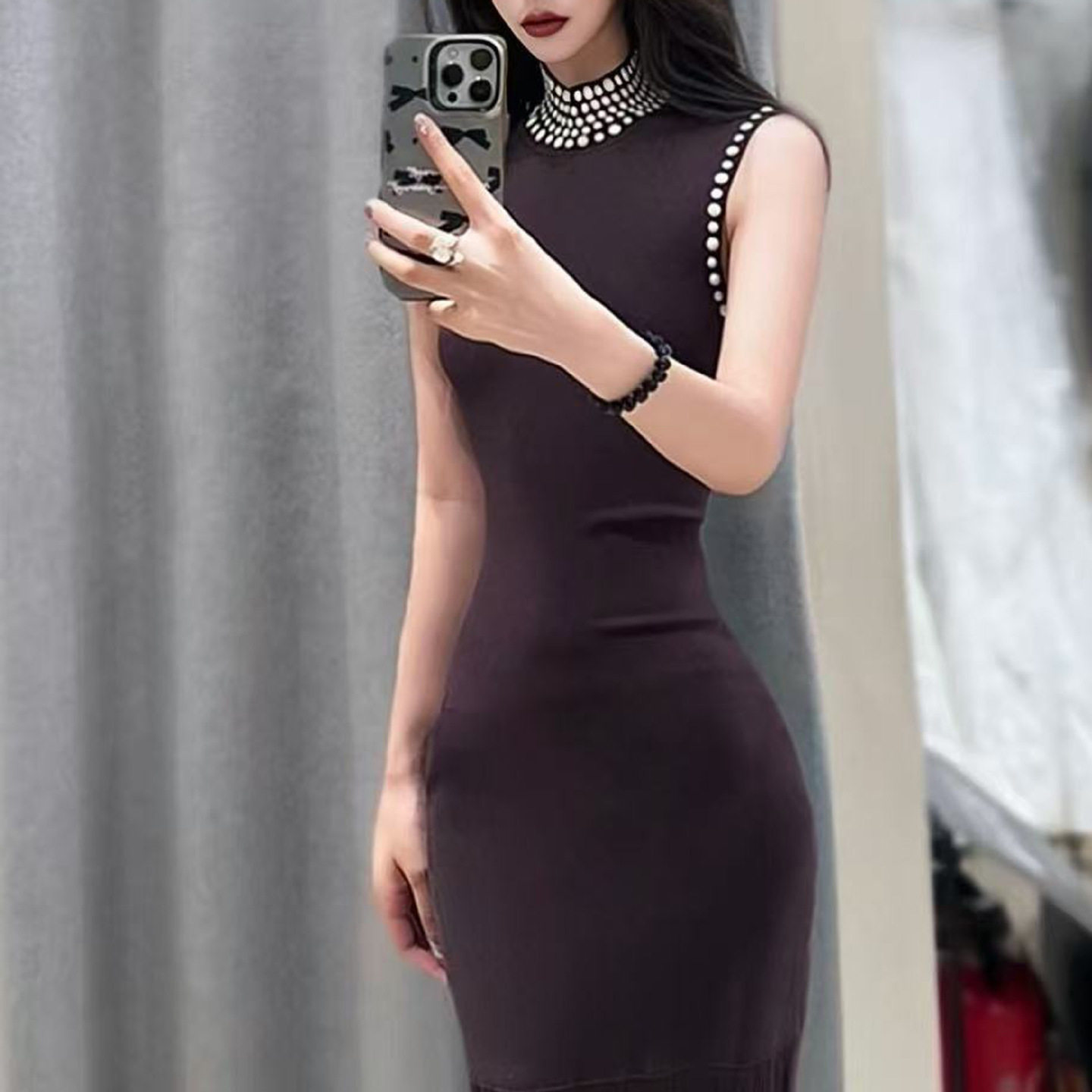 S家2025早秋新款女装优雅高领无袖修身显瘦纯色针织连衣裙长裙