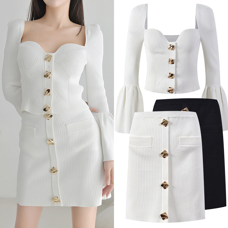 2025夏季新款性感方领白色金扣修身荷叶袖针织上衣半身裙套装女