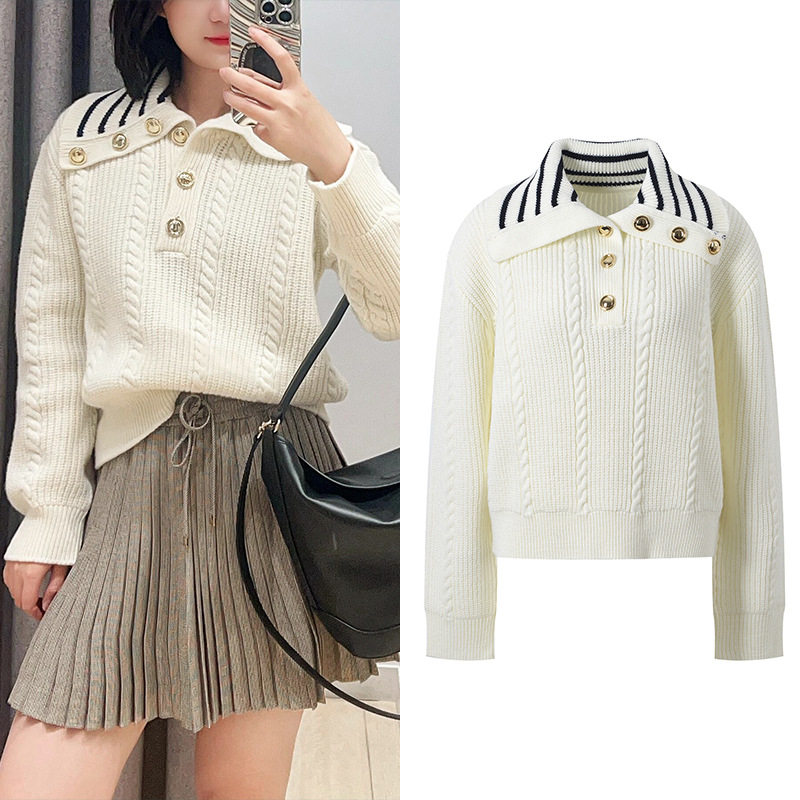 法式小众设计感翻领撞色条纹麻花纹减龄百搭针织衫短款毛衣