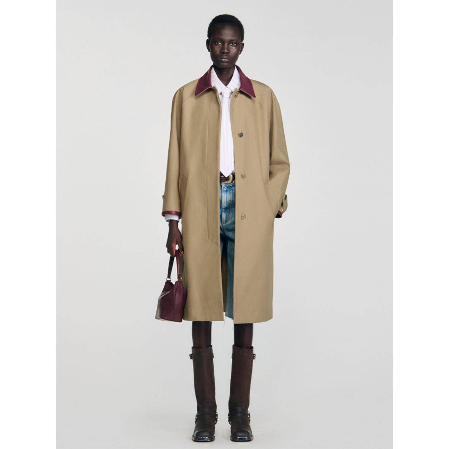 包邮法国S家25秋冬女迪木尔风法式棉质撞色皮革领长款风衣外套