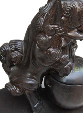 极速黑檀b木雕狮子滚绣球香炉檀香熏炉风水摆件一对家居办公室饰