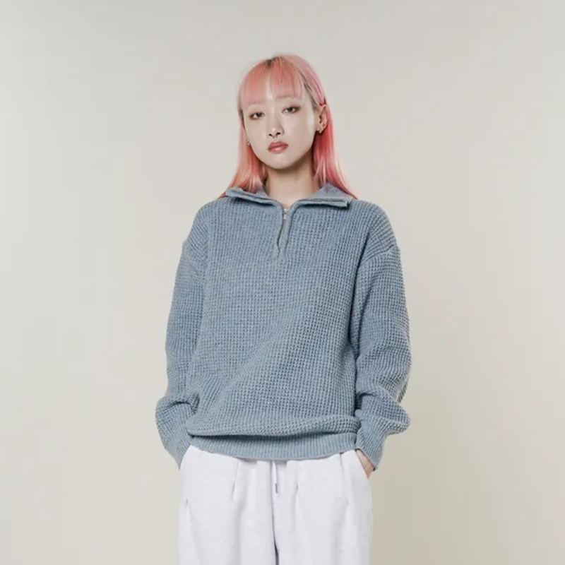 BEAUTIFUL CONFESSION超好看半拉链蓝色翻领毛衣女秋冬软糯套头短